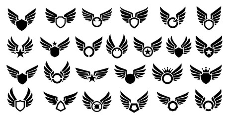 Vector set of black winged emblems and badge icons with shields, stars, and circles in minimalist style, ideal for logos, aviation, sports teams, military insignias, and branding designs.