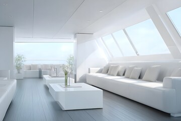 Minimalist Yacht Interior With White Furnishings Luxury Marine Design Elegant Ocean Lifestyle
