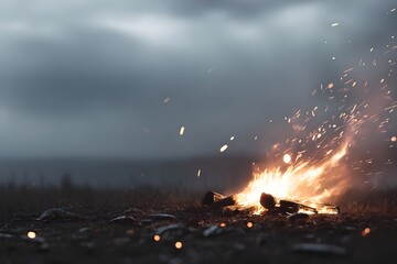 Smoky Campfire With Sparks Rising Into Dusk Sky Dramatic Outdoor Nature Photography Warm Glow