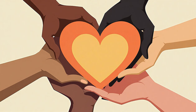 Diverse hands holding a heart symbolizing love and unity among different cultures