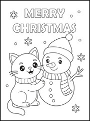 Cartoon cat and snowman coloring page for kids, Merry Christmas greeting for children.