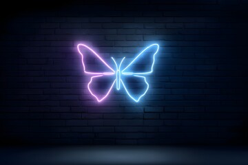 Neon Butterfly In Bright Pink And Blue Glowing On Brick Wall Futuristic Street Art