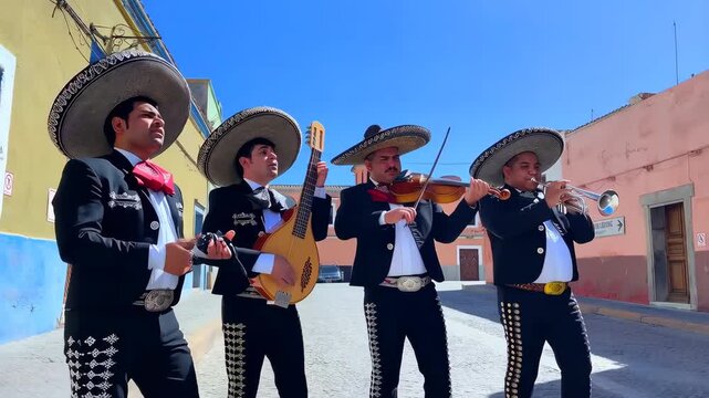 Musician group performs traditional mariachi in colorful town squares