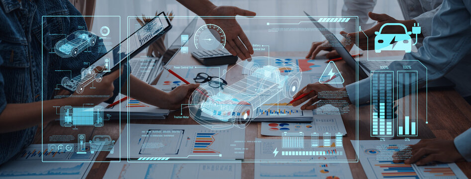 A dynamic team collaborates in an automotive meeting, utilizing digital interfaces to discuss electric vehicle development driven by data analytics and innovative strategies. Trope