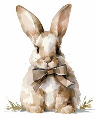 Delicate Bunny with Bow: A charming bunny with long ears and a sweet bow, exuding an air of elegance, sits poised and pretty. A beautiful, artful rendering.