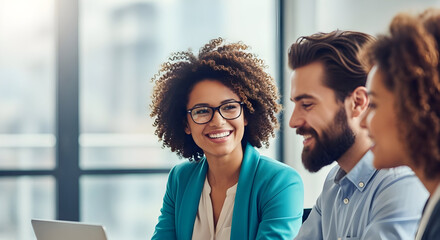 Smiling businesswoman with glasses in a meeting with diverse colleagues in a modern office
