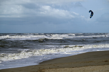 Kitesurfing at italian beach. Some kitesurfers at Torre del Lago beach, tuscany, italy. Some are junping out of the water. Mediterraenean Sea.