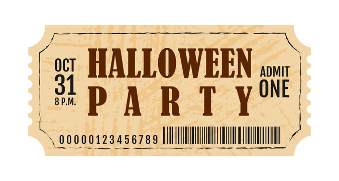 Halloween party retro ticket template. Holiday event admission, admit one. Festive typography on light background. Vector layout for themed events, promotions and entertainment.