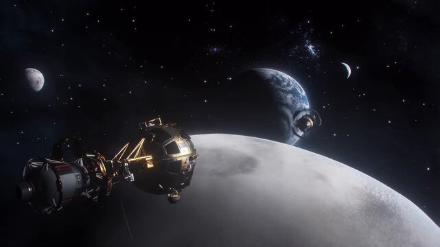 Spacecraft orbits distant moon while facing an impressive view of planets against the starry sky