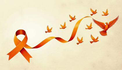 International Day for the Elimination of Violence against Women. Colorful illustration of orange birds flying alongside a flowing ribbon in a serene background