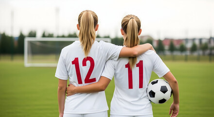 Two female soccer players standing on the field with their arms around each other after the game