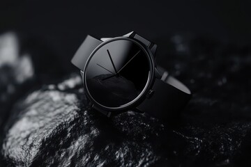 Timeless Elegance: A minimalist timepiece exudes sophistication, its sleek black design capturing the essence of precision and style. This watch embodies modern luxury, set against a dark.