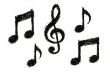 Hand drawing musical notes and treble clef, creating a concept of music education, sound, melody, and creativity