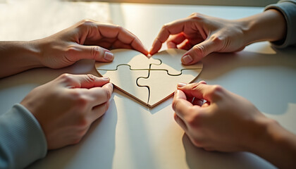 Family Caregivers Month. Hands assembling a wooden puzzle heart together in a collaborative and affectionate atmosphere