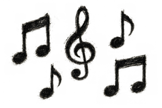 Hand drawing musical notes and treble clef, creating a concept of music education, sound, melody, and creativity