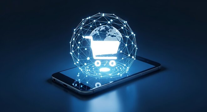 Digital shopping cart on smartphone with global network.
