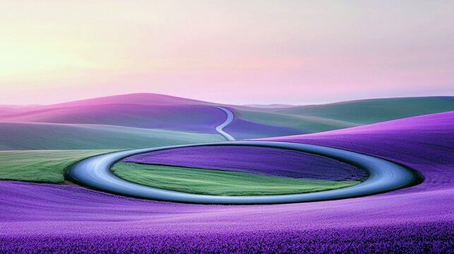 A scenic landscape featuring rolling hills covered in vibrant purple flowers and green fields, with a winding road creating a circular path.