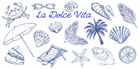 La dolce vita collection of beach and summer elements in blue ink