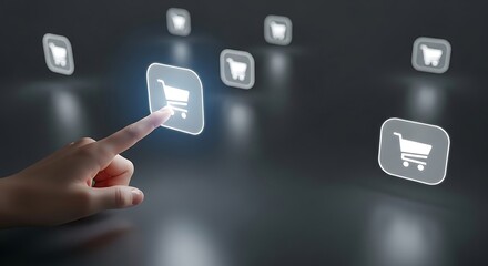 A finger presses a glowing shopping cart icon on a dark, reflective surface, symbolizing online shopping and e-commerce.