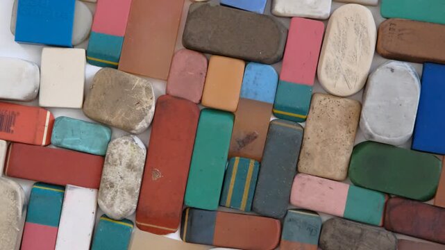 A collection of various used and worn-out erasers, flat lay photograph of a scattered collection of vintage, heavily used, and well-worn rectangular erasers