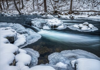  Flowing Winter Stream with Smooth Moving Water and Partial Ice Coverage Creating Dynamic Frozen and Liquid Contrast