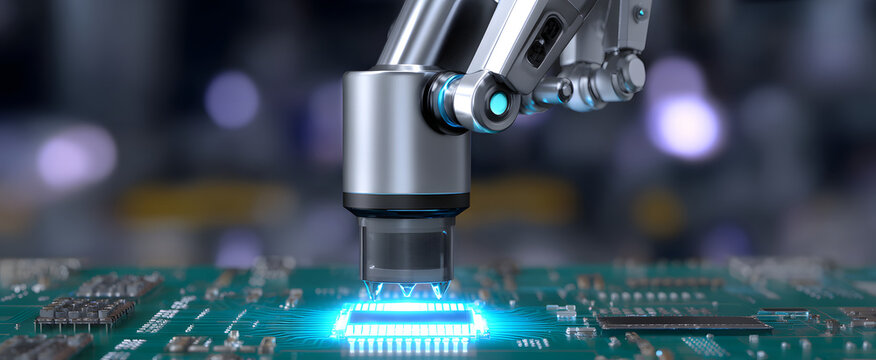 The precise robot assembling delicate electronic parts onto a compact circuit board.