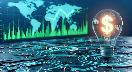 Innovative financial technology solution with global market analysis and currency symbol idea