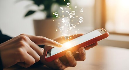 Close-up of a person using a smartphone for online shopping, with digital icons of shopping carts and dollar signs.