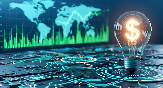 Innovative financial technology solution with global market analysis and currency symbol idea