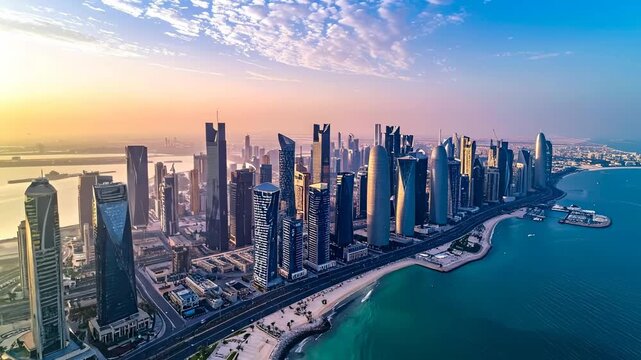 Doha Qatar Skyline at Sunset with Modern Skyscrapers and Calm Waters.