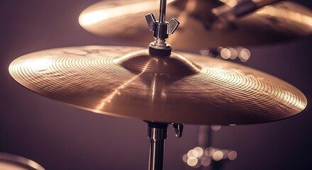 Close-up of a shiny brass cymbal on a stand with dramatic, moody lighting in a studio setting.