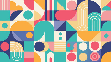Vibrant abstract artwork showcasing a playful arrangement of circles and squares in various colors..eps