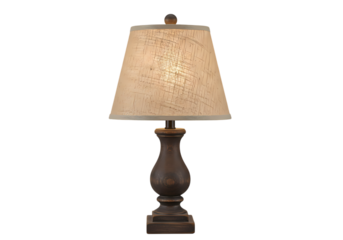 Rustic table lamp illuminates cozy interior space