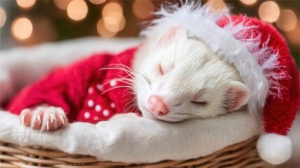 christmas Sleeping ferret in a Christmas hat and cozy blanket.