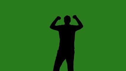 A black silhouette of a man dances cheerfully against a green chroma key background. Minimalist contrast and modern visual composition, mockup.