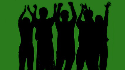 Black silhouettes of a group of people cheerfully celebrate their victory against a green chroma key background. Minimalist contrast and modern visual composition, mockup.