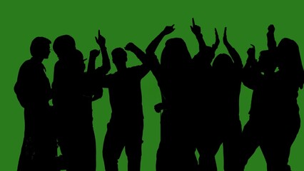 Black isolated silhouettes of people dancing cheerfully on a green chroma key background. Minimalist contrast and modern visual composition, mockup.