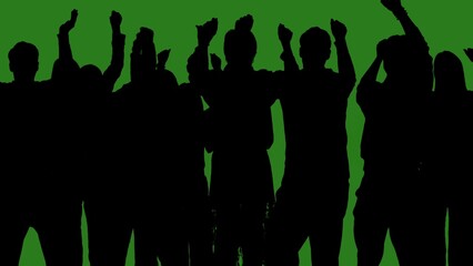 Black silhouettes of a group of people cheerfully celebrate their victory against a green chroma key background. Minimalist contrast and modern visual composition, mockup.