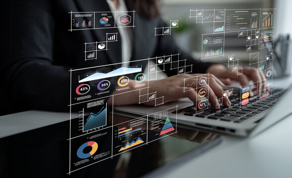 A big data visualization and business analytics dashboard grid. A complex collection of charts and graphs for comprehensive company reporting. Motif