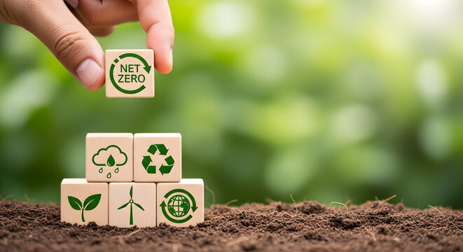 Hand placing net zero wooden block on top of other blocks with sustainable energy and environmental icons
