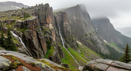 Waterfalls cascade down rocky cliffs in a misty mountain range on an overcast day