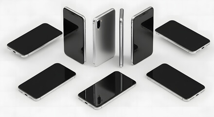 A collection of modern smartphones, arranged to showcase their sleek design and features. The phones feature glossy black screens and a polished silver back