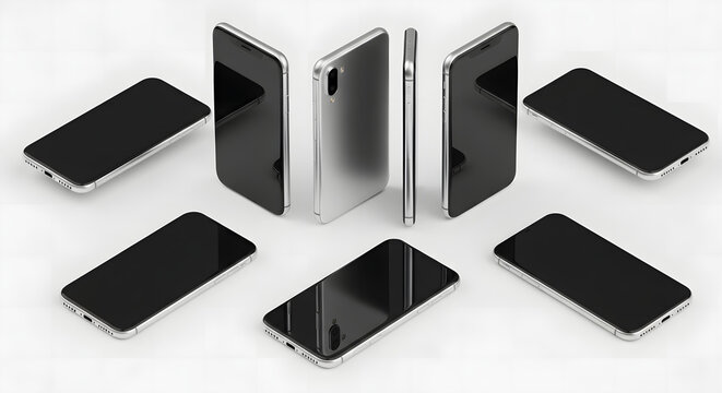 A collection of modern smartphones, arranged to showcase their sleek design and features. The phones feature glossy black screens and a polished silver back
