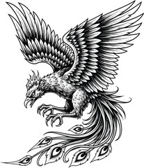 Obraz premium Phoenix bird drawing mythical creature tattoo design fire wings rebirth eps silhouette