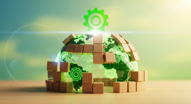 Digital globe protected by cardboard boxes and glowing energy