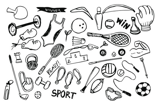 Crayon kid grunge scribble sports element , doodle, kid set hand drawing on paper with pencil, crayon, charcoal, and chalk texture. Naive and childish element, book illustration, and more.