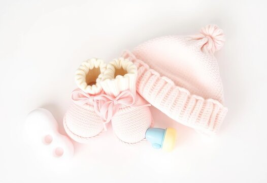 Soft pastel colored baby booties, hat, and rattle on white background,  pastel,  rattle