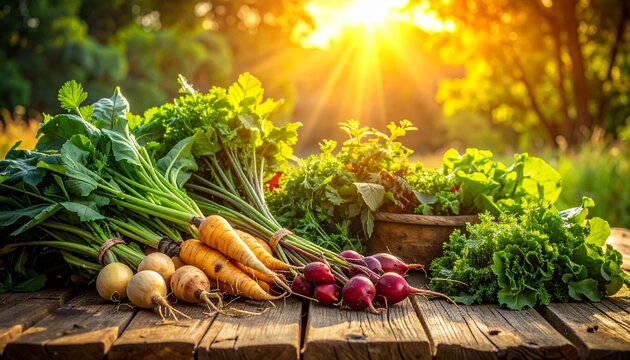 Close-up of organic farm produce arranged on a weathered wooden table — fresh herbs, leafy greens, and root vegetables under golden daylight, earthy texture focus - Powered by Adobe