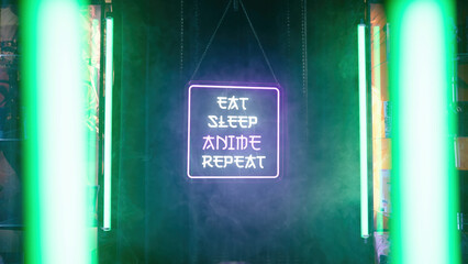 Neon sign Eat Sleep Anime Repeat between neon tubes on black background and smoke