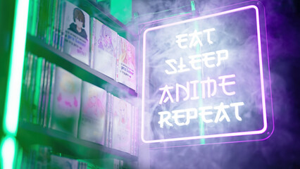 Futuristic neon sign Eat Sleep Anime Repeat beside manga comics shelf with cute anime gamer girls and maid girls covers